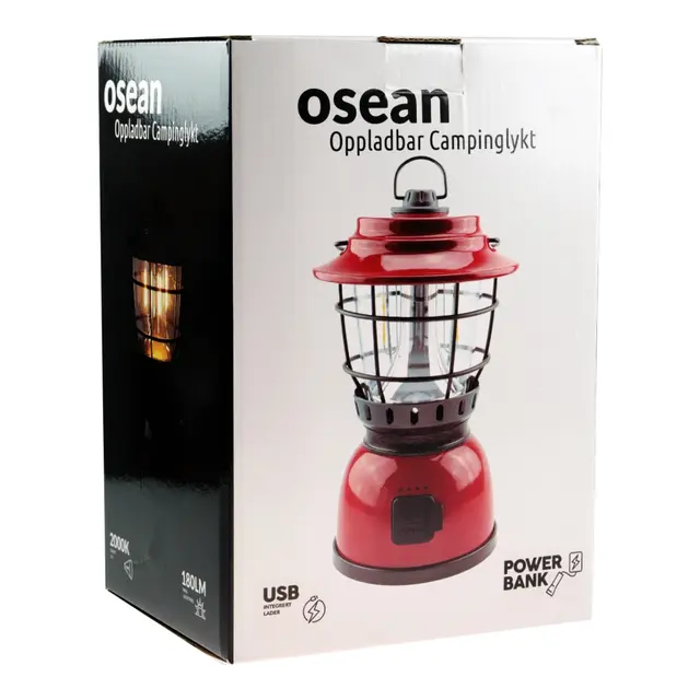 OSEAN Campinglykt m/ powerbank Rød/sort - LED - Oppladbar 