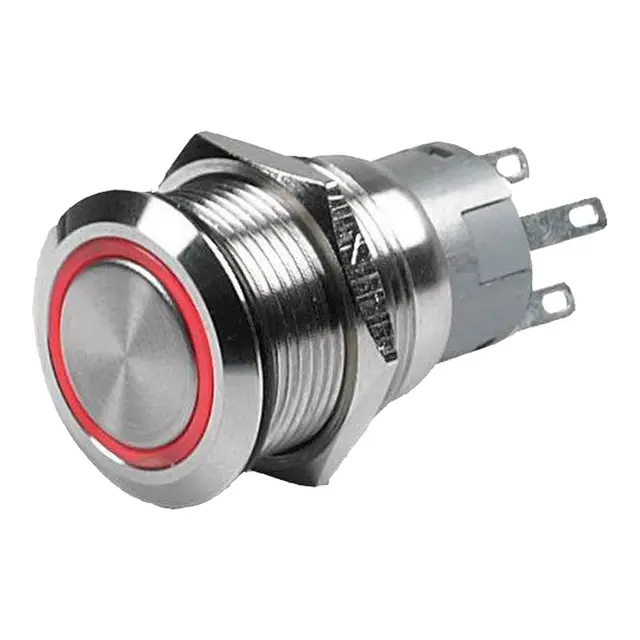 BEP Bryter m/Rød LED ring - 12V Rustfri - fjærende på 