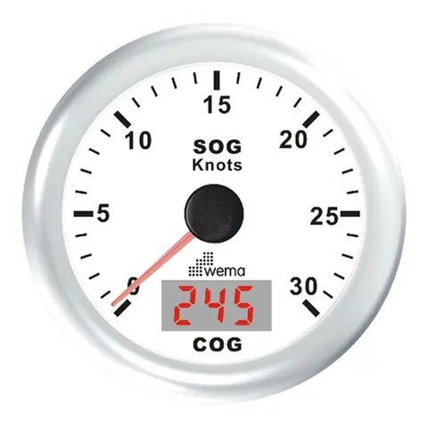 WEMA GPS knopmåler m/kompass, hvit 0-30 knop 