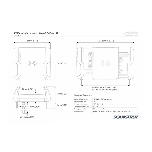 SCANSTRUT SC-CW-11F Nano Mobilholder 10W, Trådløs lading 